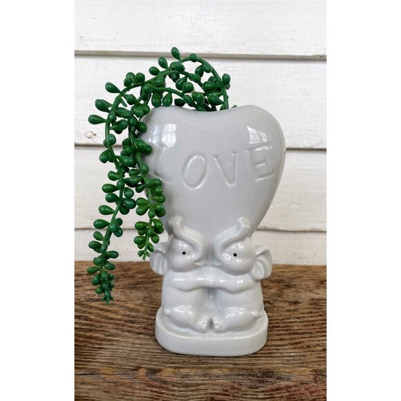 Vintage 1950s White Porcelain Elephant Heart Love Vase Planter - Picture 1 of 12